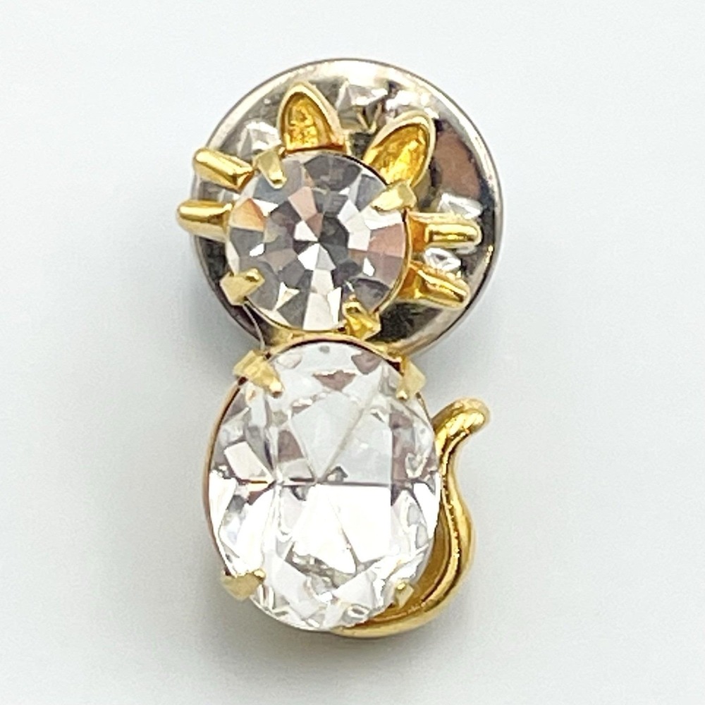 Vintage 1980s Gold Tone Clear Rhinestone Cat Lapel Pin Brooch‎ Kitten 3/4"